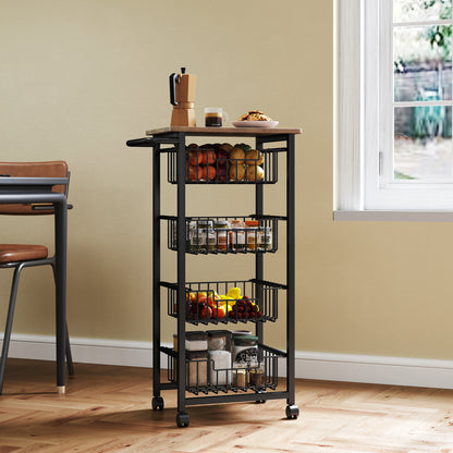 Four Basket Mobile Kitchen Island, with Brakes - Oak/Black