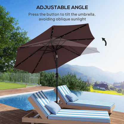 Φ2.7m Garden 24 LED Light Parasol Solar Outdoor Tilt Sun Umbrella Patio Club Party Event Manual Sun Shade w/ Hand Crank and 8