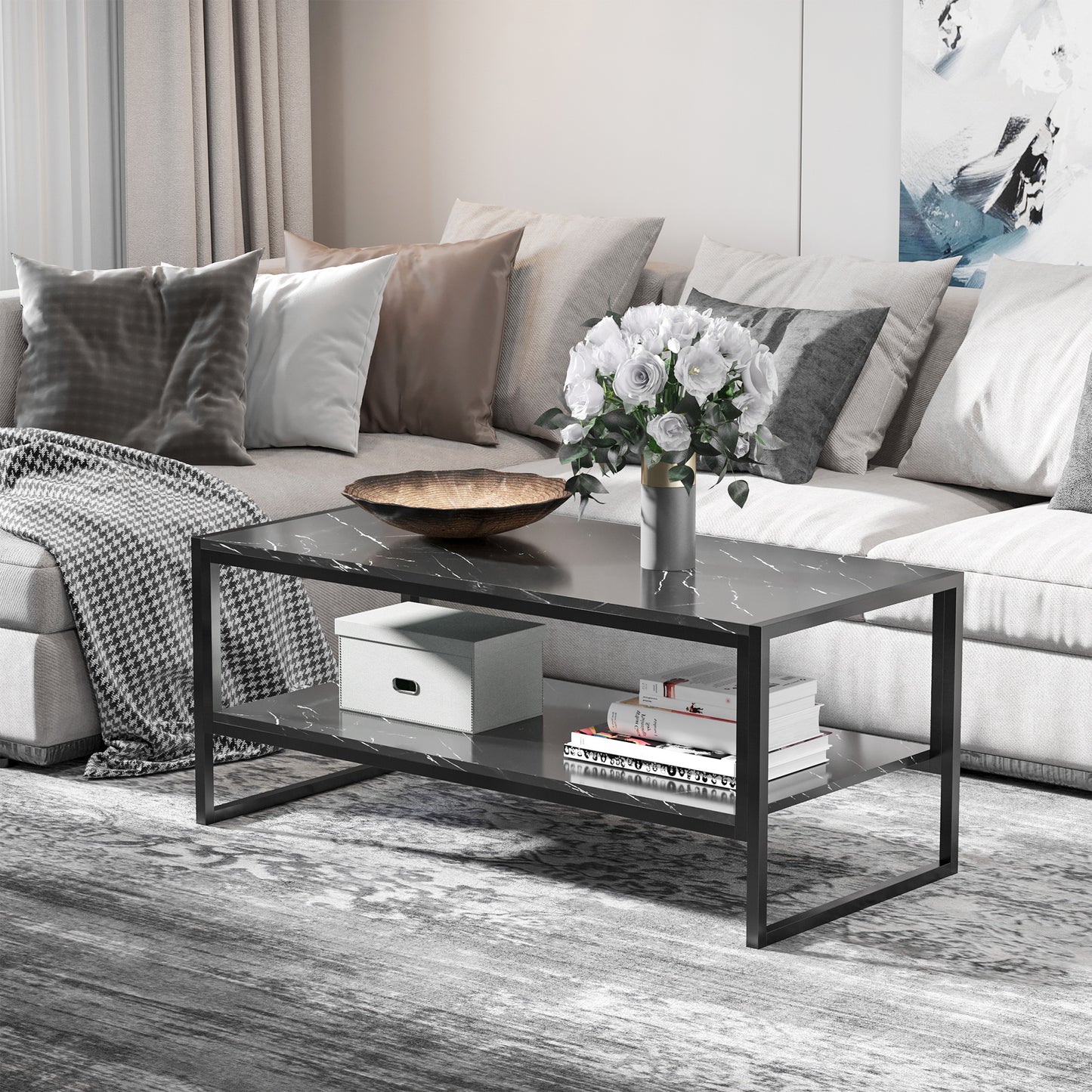 Coffee Table, Two-Tier Faux Marble Effect Centre Table with Metal Frame and Storage Shelf for Living Room, 106 x 50 x 45cm