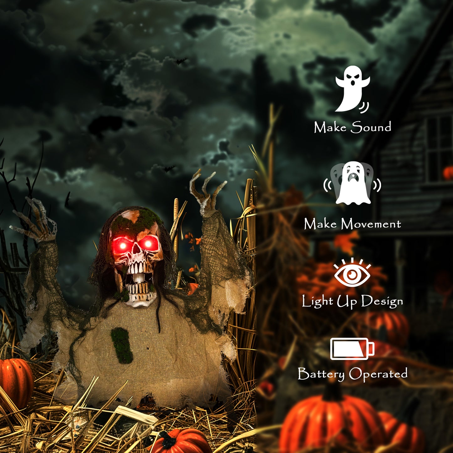 Halloween Animated Skeleton with Glowing LED Eyes, Half-Body Scary Halloween Decorations, Battery Operated