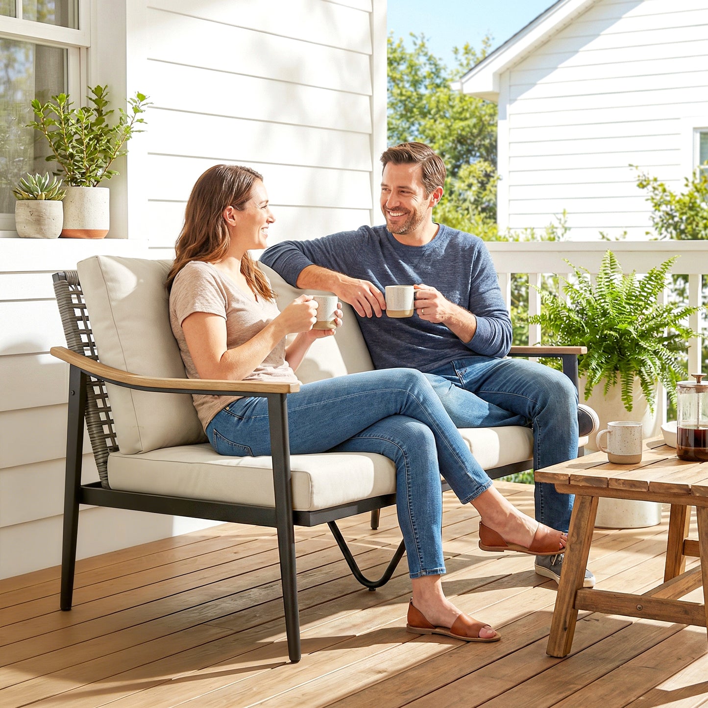 2 Seater Rattan Sofa, Outdoor Garden Sofa with Wood-Effect Armrests, Cushions for Patio, Balcony, Khaki