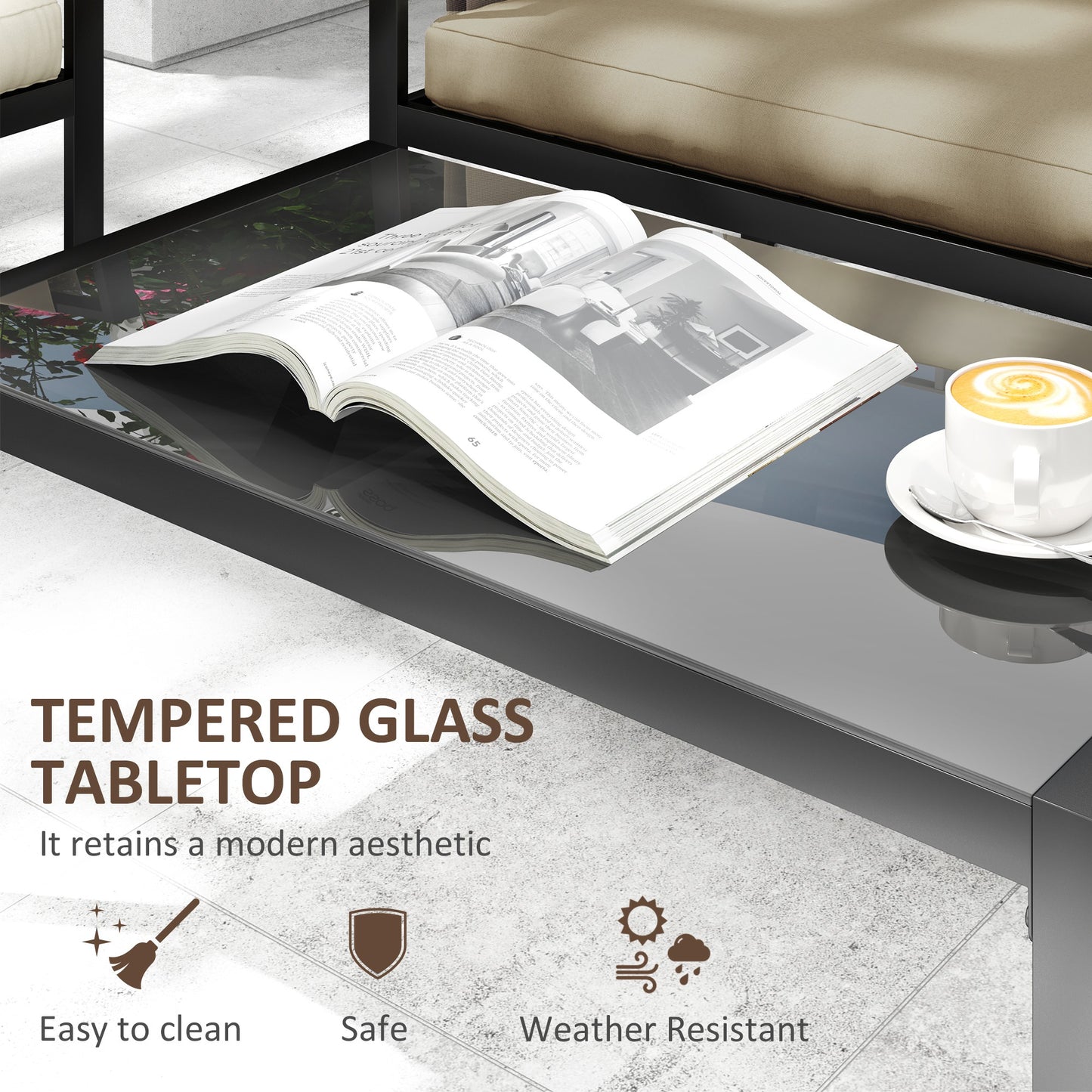 4 Piece Metal Garden Furniture Set with Tempered Glass Coffee Table, Texteline Pocket