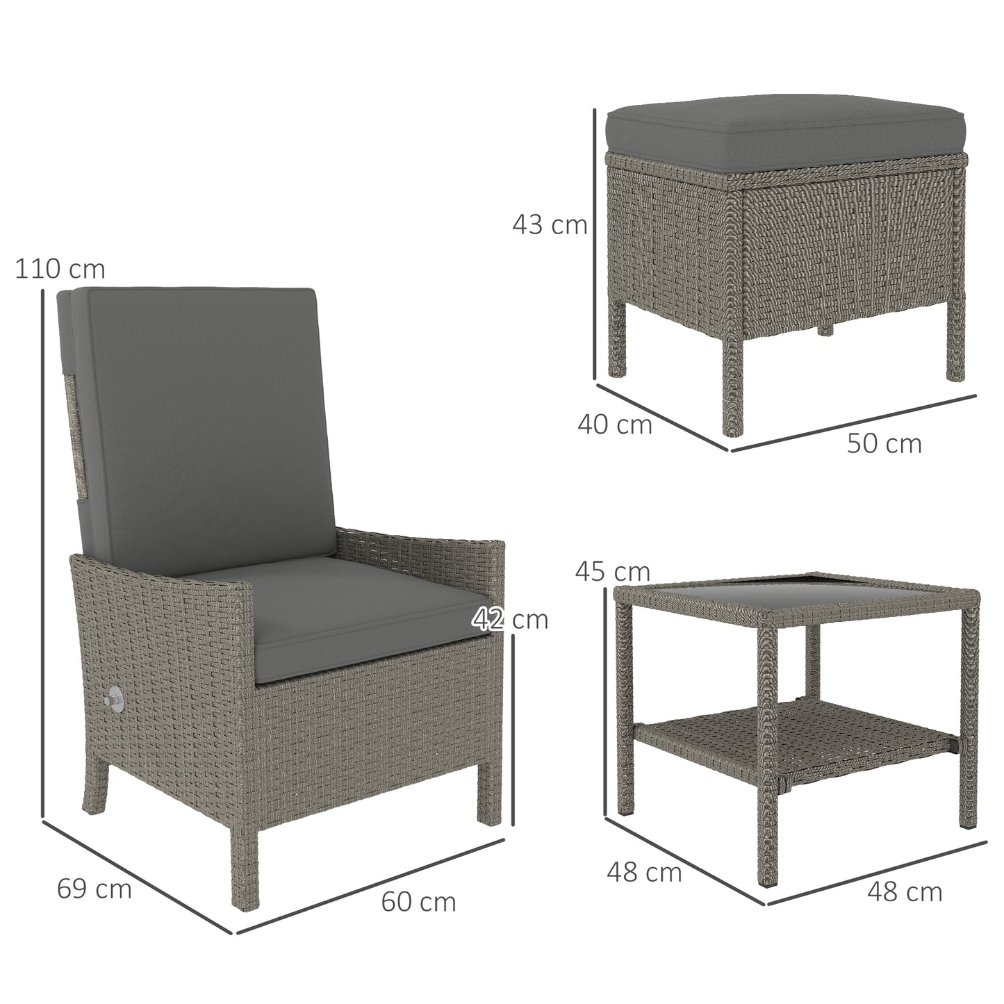 5 Piece Rattan Garden Furniture Set, Wicker Patio Sofa Set with 2 Armchairs, 2 Footstools, Glass Top Coffee Table with Shelf