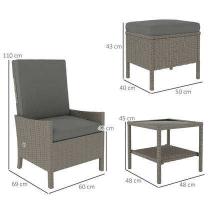 5 Piece Rattan Garden Furniture Set, Wicker Patio Sofa Set with 2 Armchairs, 2 Footstools, Glass Top Coffee Table with Shelf