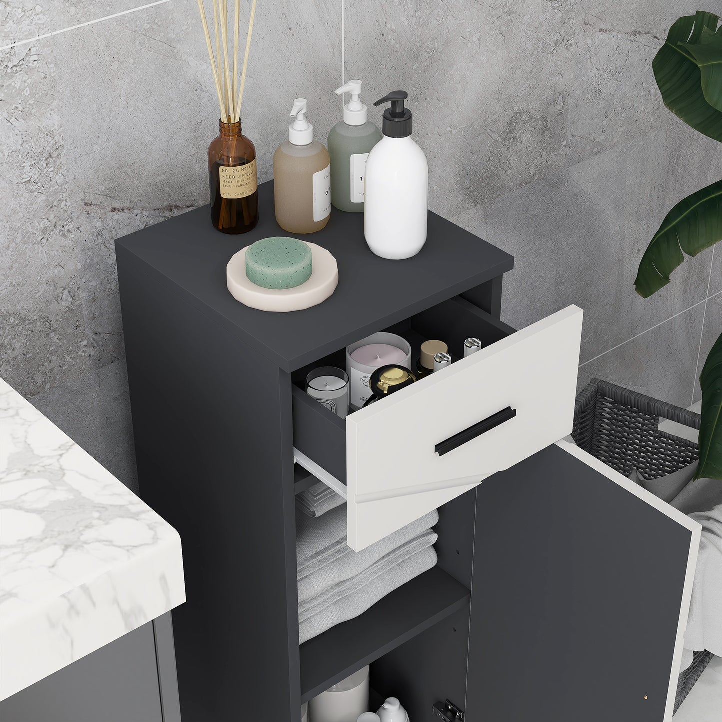 Slim Bathroom Cabinet, Narrow Bathroom Storage Cabinet with Drawer, Door Cupboard, Adjustable Shelf and Soft Close Mechanism