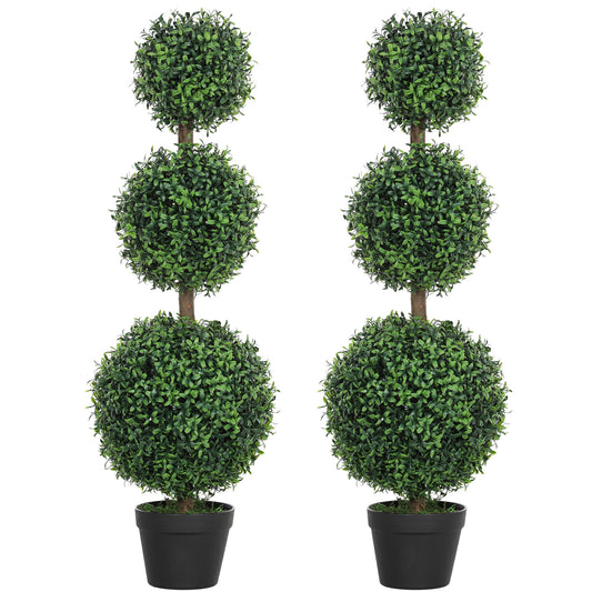 Set of 2 Decorative Artificial Trees, Topiary Ball-shaped Boxwood Trees in Pot, Fake Plants for Home Indoor outdoor Decor