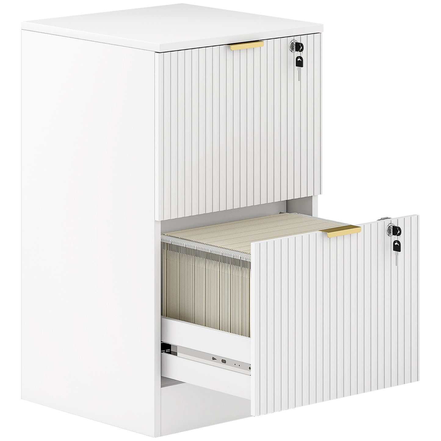 Filing Cabinet, Fluted Vertical File Cabinet with 2 Lockable Drawers and Hanging Rails, White