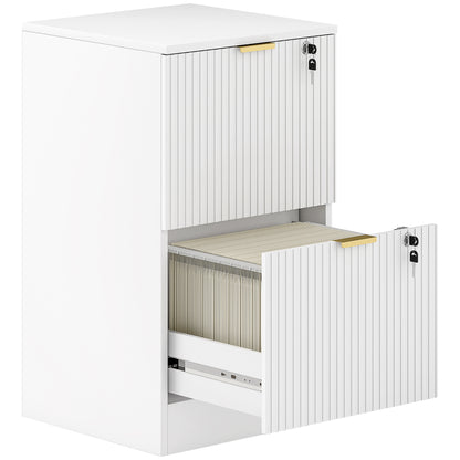 Filing Cabinet, Fluted Vertical File Cabinet with 2 Lockable Drawers and Hanging Rails, White