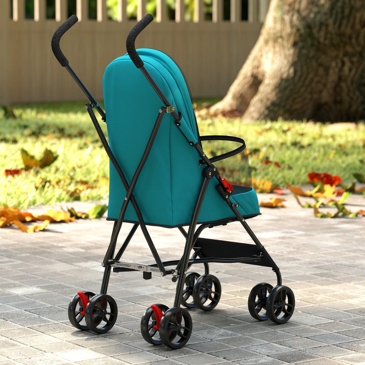 Dog Stroller, Foldable Cat Dog Pram for Miniature Breeds, Pet Stroller with Brake, Mesh Windows, Dark Green