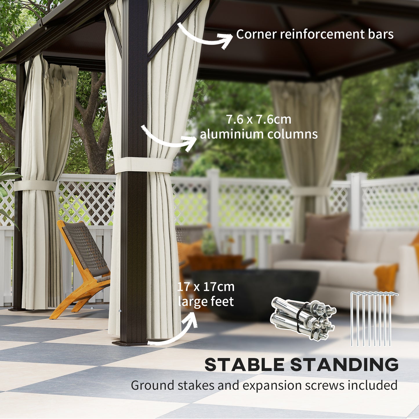 3 x 3(m) Hardtop Gazebo Canopy with UPF30+ Double Polycarbonate Roof, Aluminium Frame Garden Gazebo Permanent Pavilion