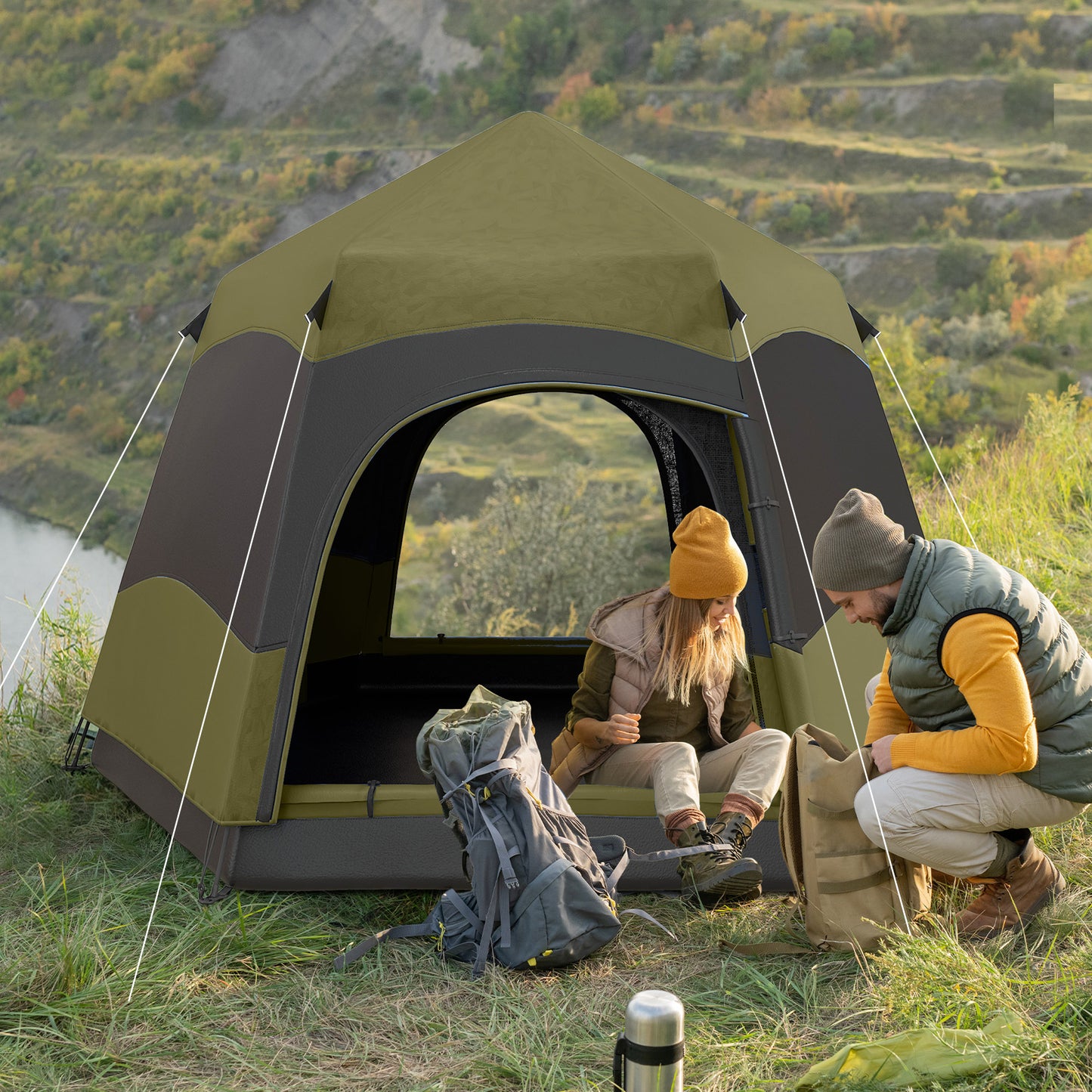 4 Man Hexagon Camping Tent with Hang Hook and Carry Bag - Dark Green and Light Grey