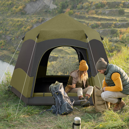 4 Man Hexagon Camping Tent with Hang Hook and Carry Bag - Dark Green and Light Grey