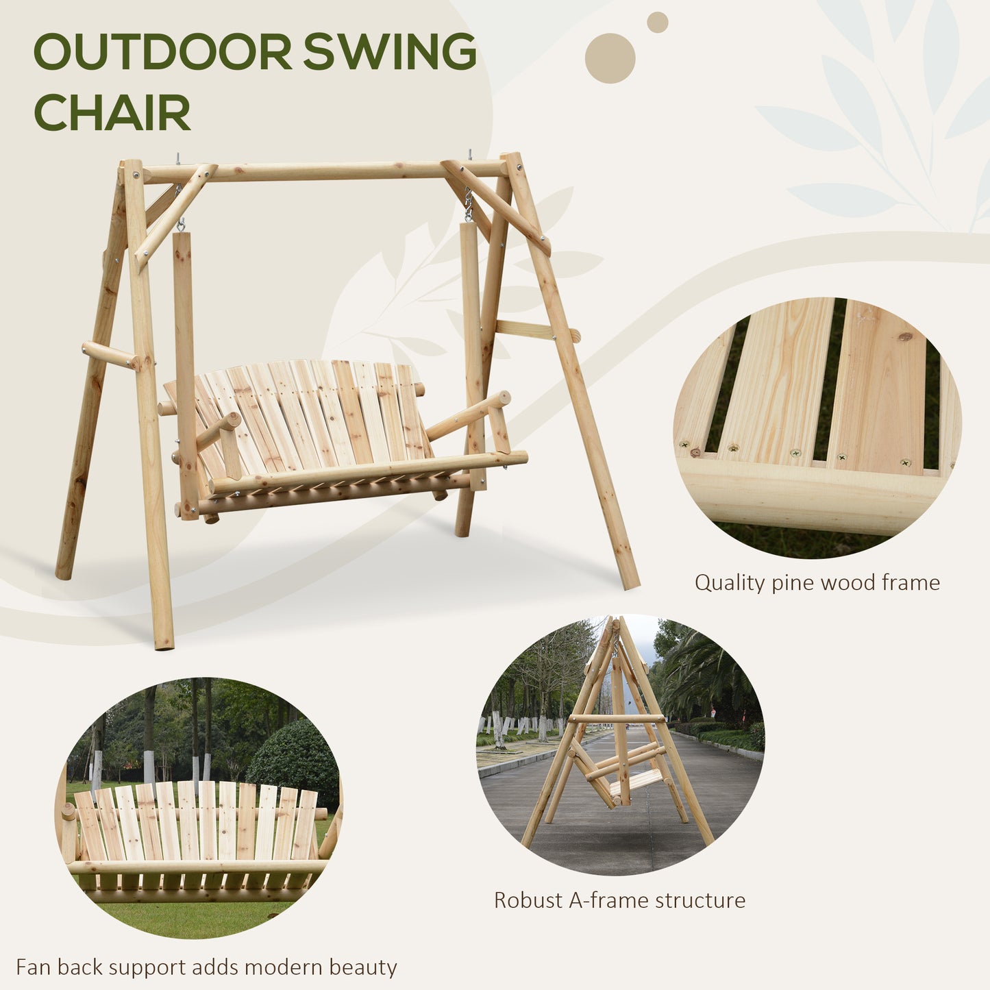 2 Seater Wooden Garden Swing Chair, Larch Wood Porch Swing Seat Bench Lounger for Outdoor Patio Garden, 300kg Capacity