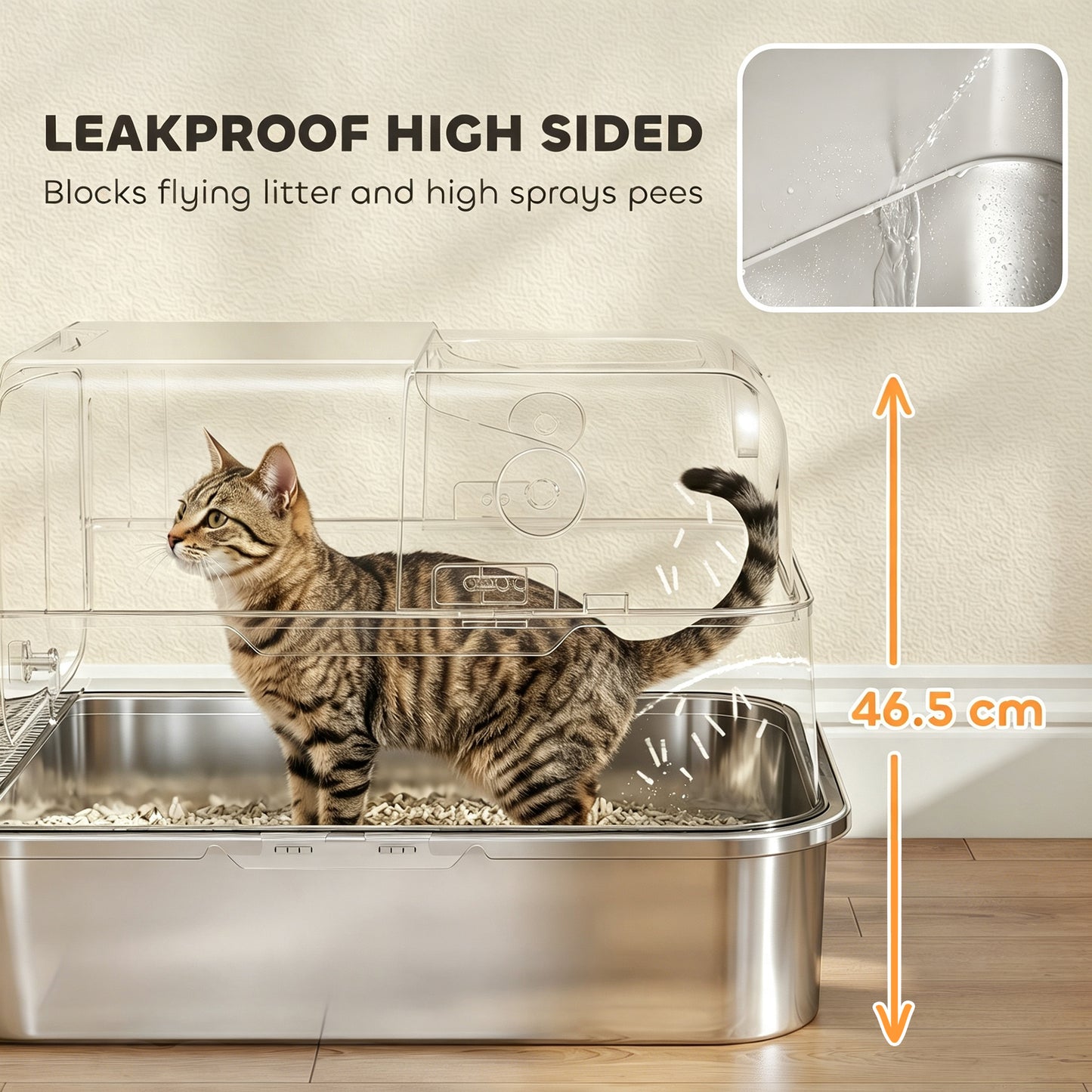 XXL Stainless Steel Cat Litter Tray, Enclosed Cat Litter Box with 90° Flip Cover, Double Doors, Scoop, Easy Clean, Grey