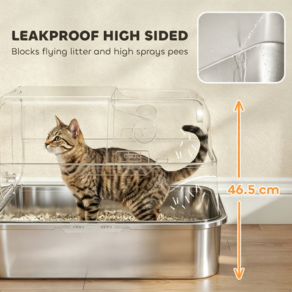 XXL Stainless Steel Cat Litter Tray, Enclosed Cat Litter Box with 90° Flip Cover, Double Doors, Scoop, Easy Clean, Grey