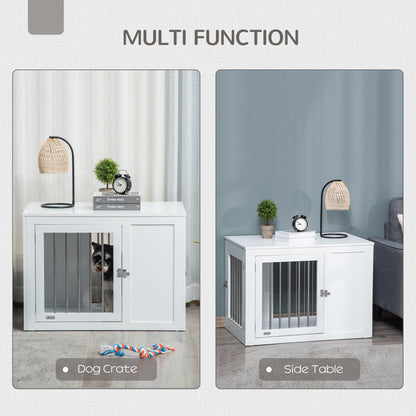 2-in-1 Dog Cage and Side Table, with Two Lockable Doors, for Medium Dogs - White