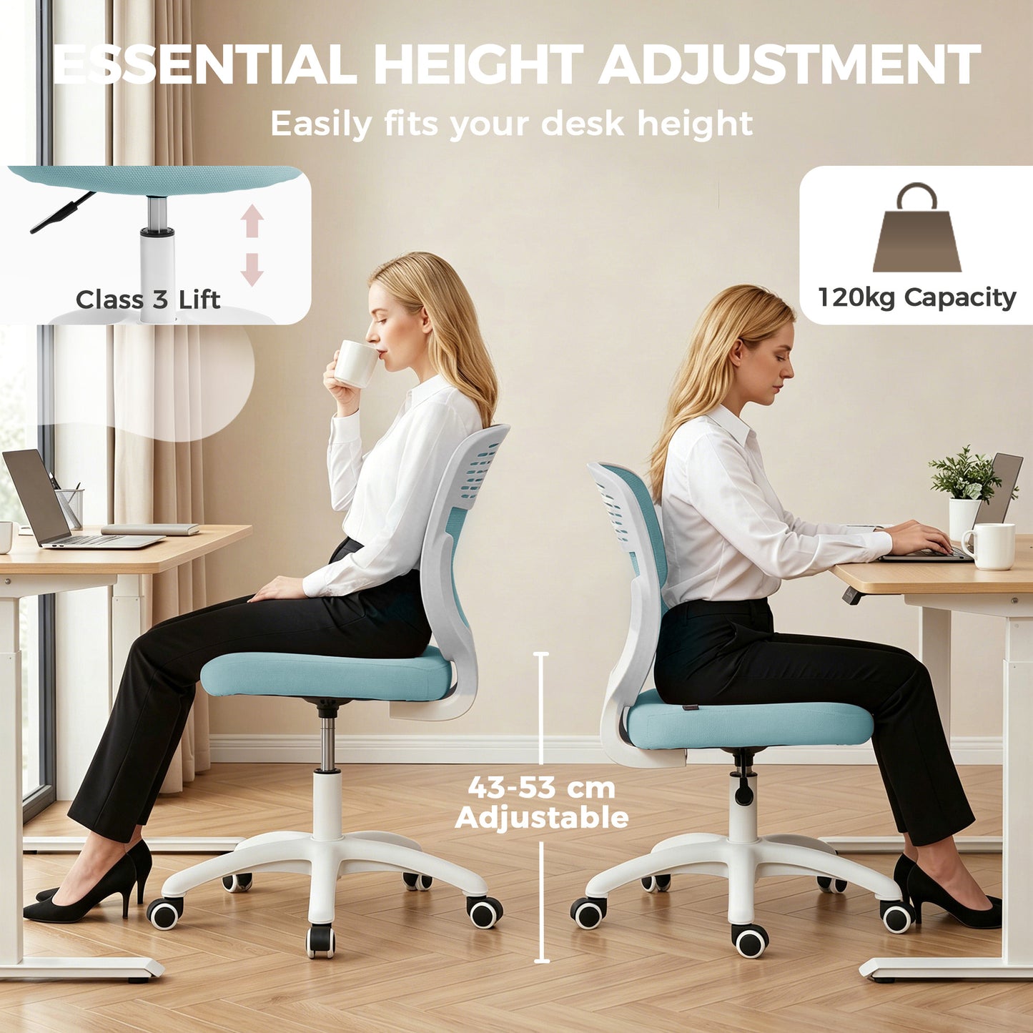 Office Chair, Armless Computer Desk Chair with Breathable Mesh, Adjustable Height, Swivel Wheels, Light Blue
