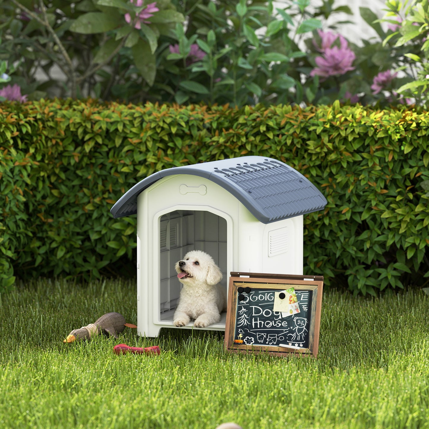 Outdoor Dog Kennel, Plastic Dog House with Removable Floor, Waterproof Roof, Raised Floor, 71 x 60 x 63 cm