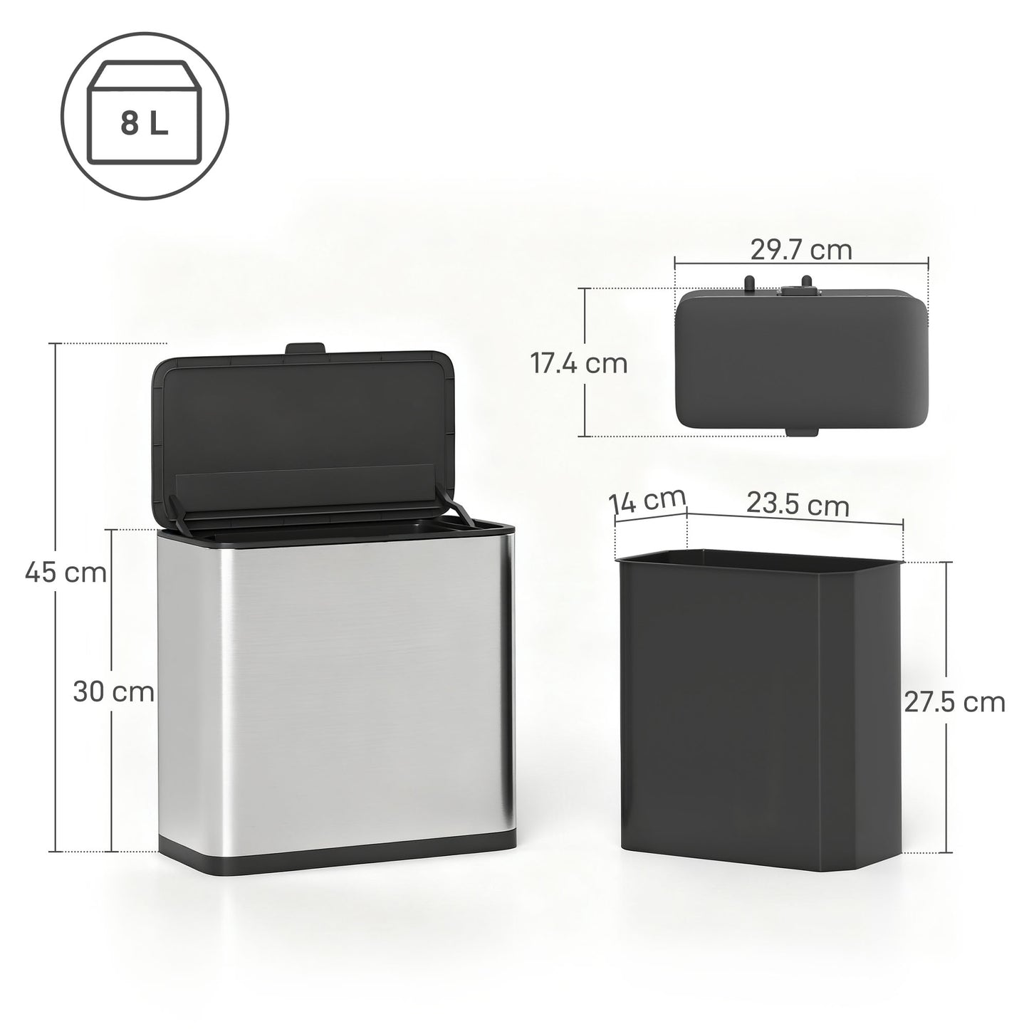 8L Hanging Kitchen Bin, Rubbish bin with Lid and Removable Inner Bucket for Under Cabinet Door, Under Sink, Office