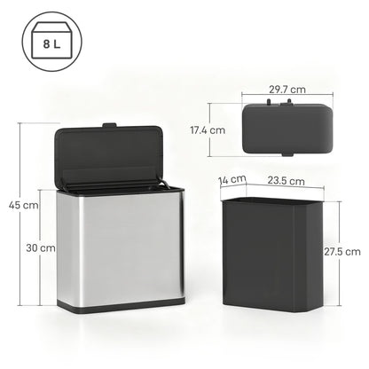 8L Hanging Kitchen Bin, Rubbish bin with Lid and Removable Inner Bucket for Under Cabinet Door, Under Sink, Office
