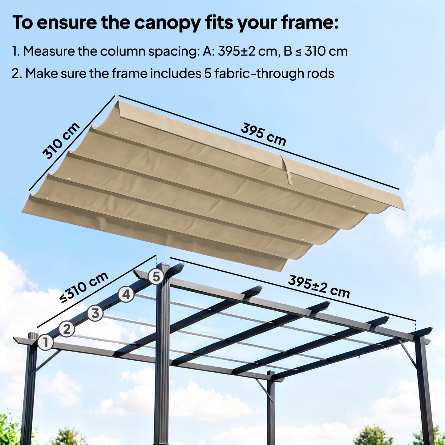 Retractable Pergola Canopy Only, 3.92 x 3.5 m, UV30+ Replacement Canopy Cover for 4 x 3 m Pergola, Khaki
