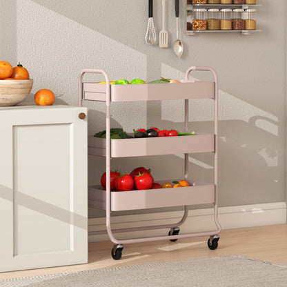 3-Tier Storage Trolley on Wheels, Rolling Utility Cart with Mesh Backets for Kitchen, Bathroom, Bedroom, Light Pink