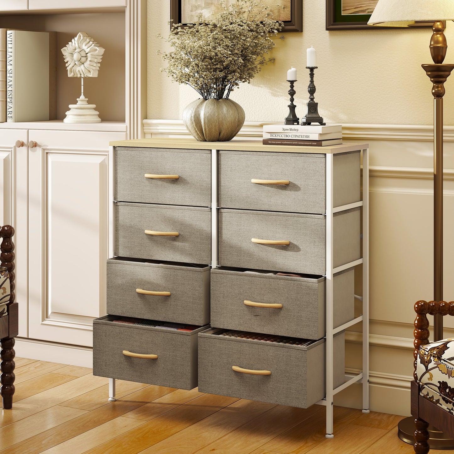 Fabric Chest of Drawers, Industrial Bedroom Dresser with 8 Fabric Drawers, Steel Frame and Wooden Top for Nursery