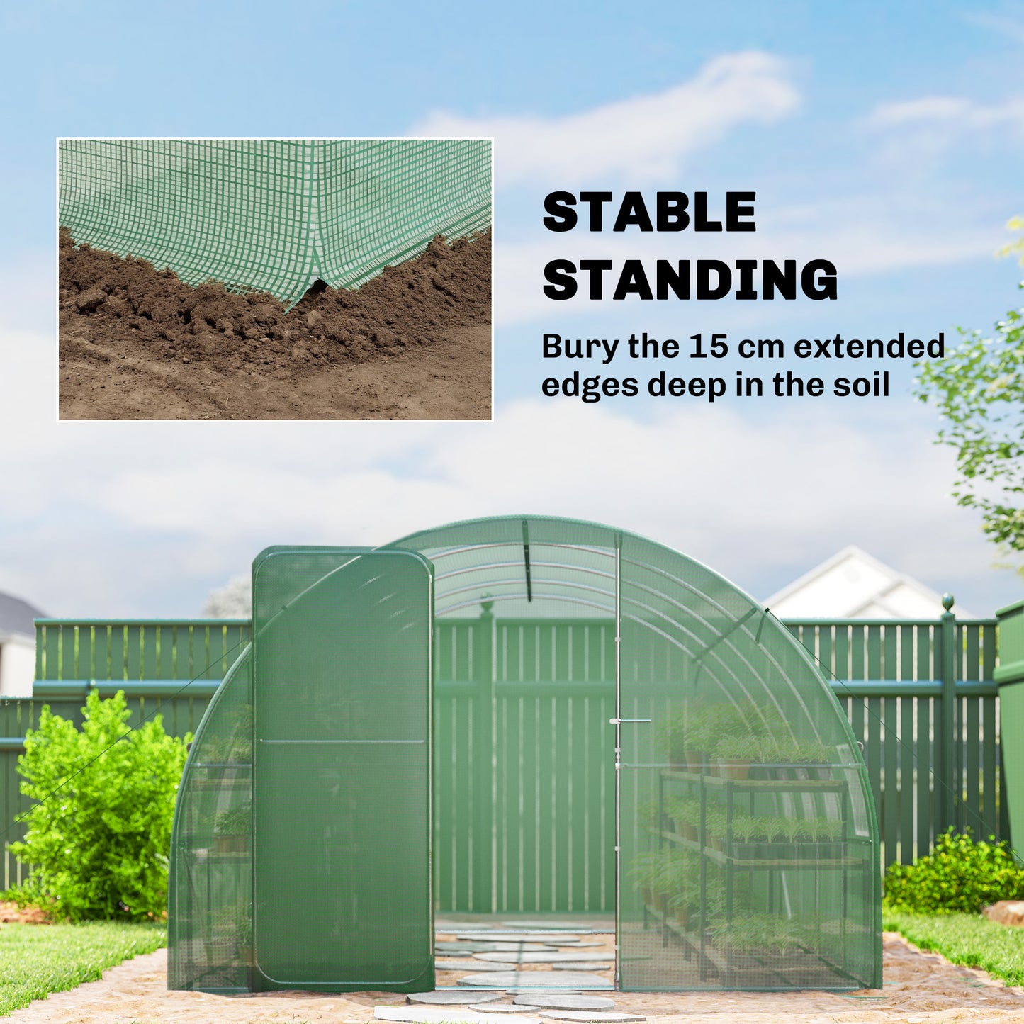 3 x 4 m Walk-in Polytunnel Greenhouse with Hinged Door and 8 Roll Up Mesh Windows, Garden Tunnel Warm House Tent, Green