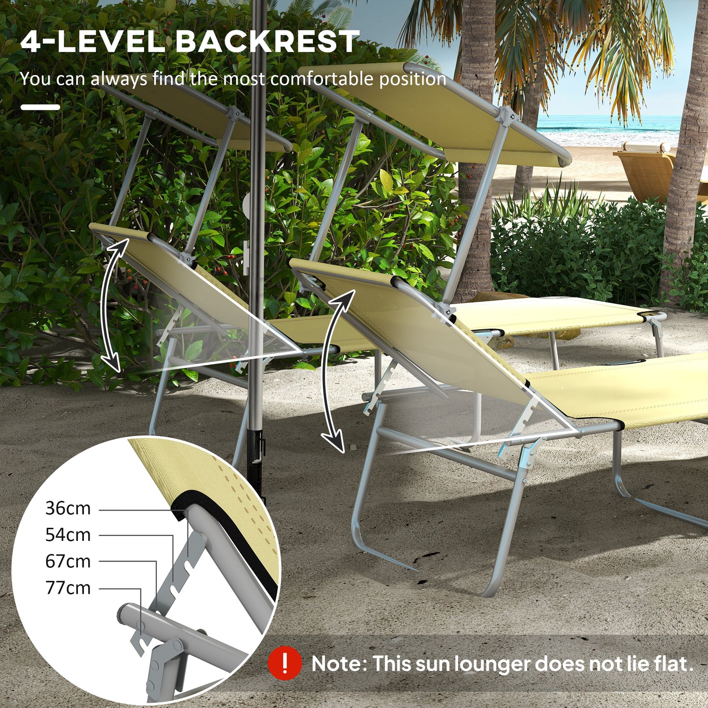 Folding Sun Lounger Set of 2 with Canopy, Reclining Sunbed with 4-Position Adjustable Backrest, 600D Oxford Cloth