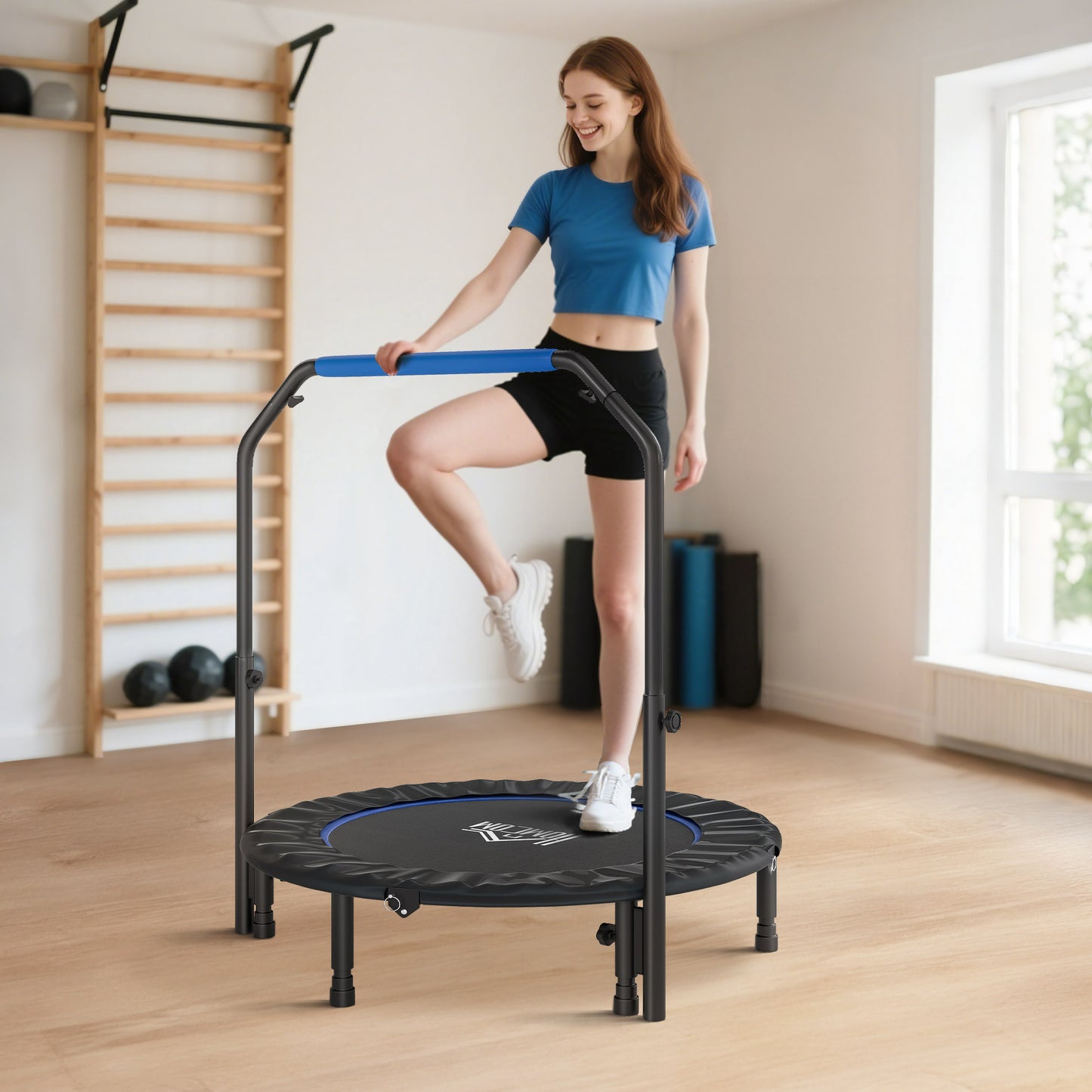 45" Foldable Mini Fitness Trampoline, with Adjustable Foam Handle, Blue