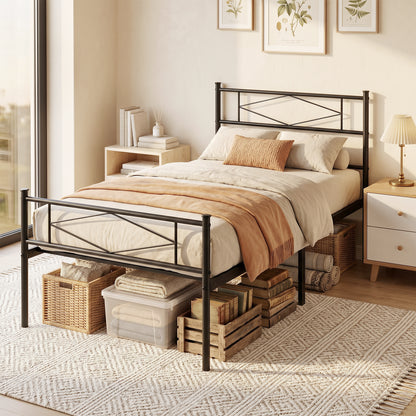 3ft Single Bed Frame with Headboard and Footboard, Metal Platform Bed Frame with 32 cm Underbed Storage, Black