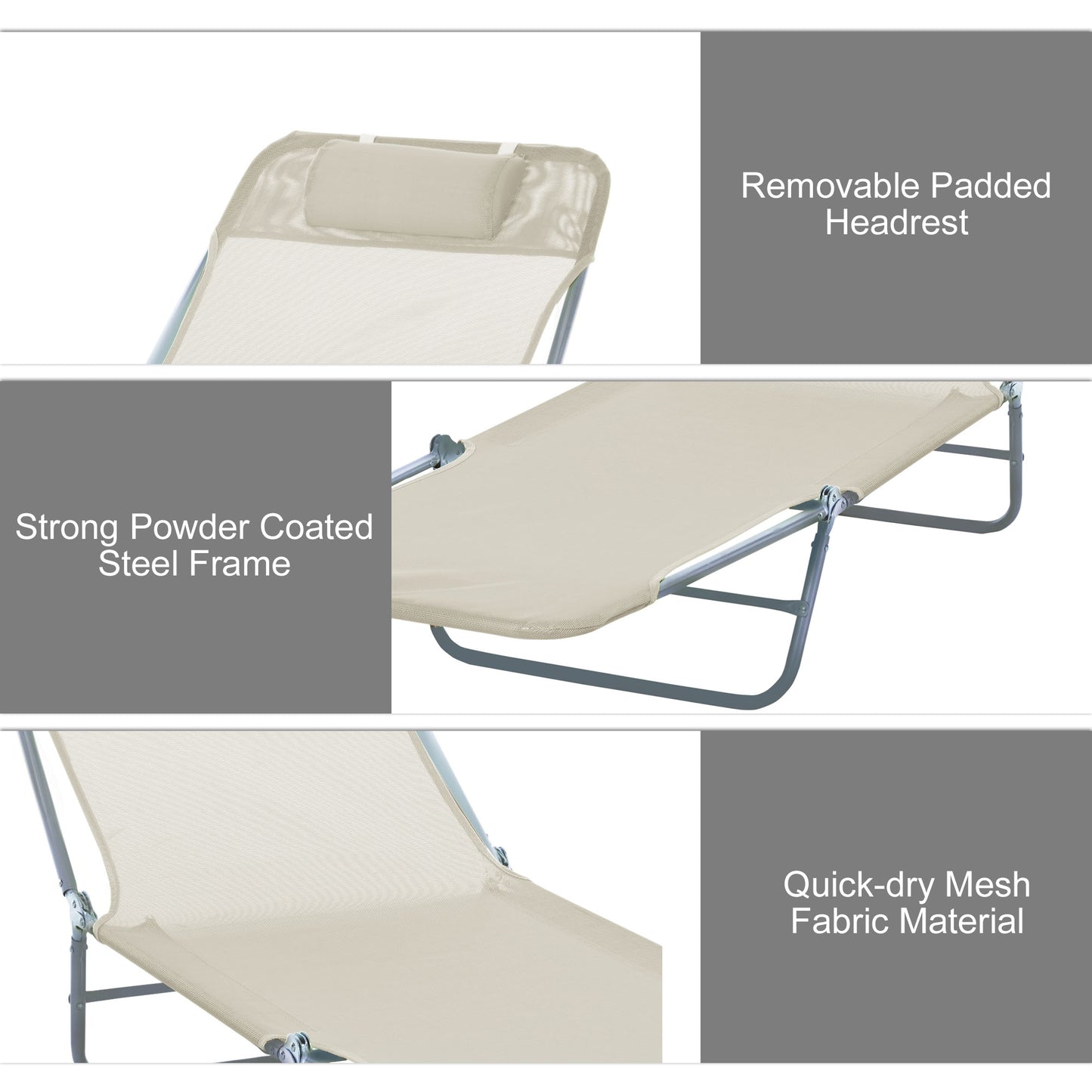 Folding Sun Lounger, Texteline Reclining Sun Bed with 5 Position Adjustable Backrest, Headrest, Beige