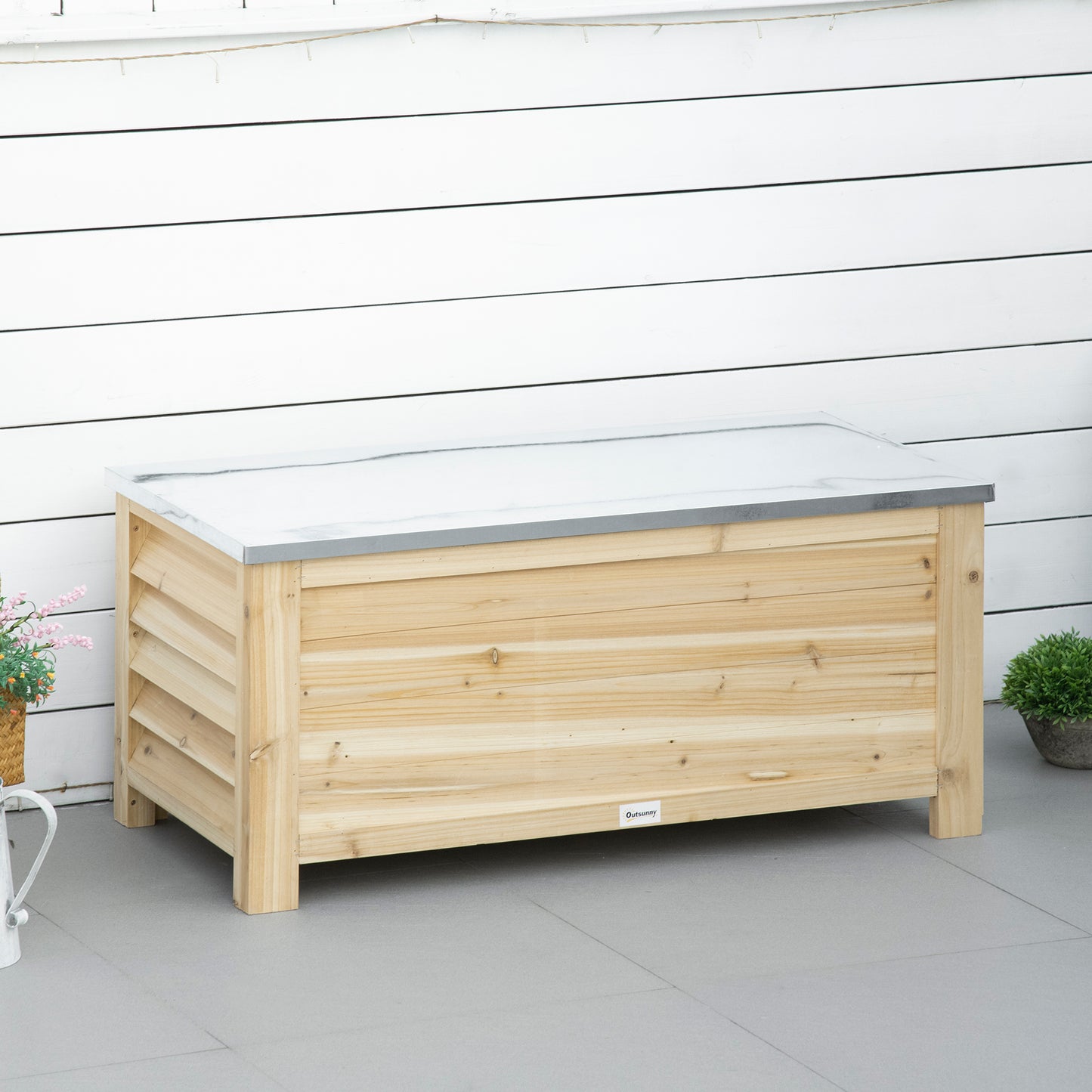 155L Outdoor Storage Box with Metal Top and Shutter Walls, Wooden Outside Tool organiser Container, for Garden, terrace