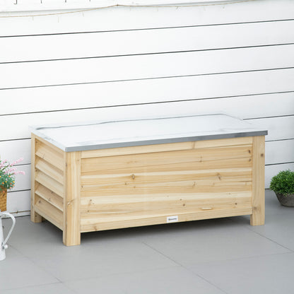155L Outdoor Storage Box with Metal Top and Shutter Walls, Wooden Outside Tool organiser Container, for Garden, terrace
