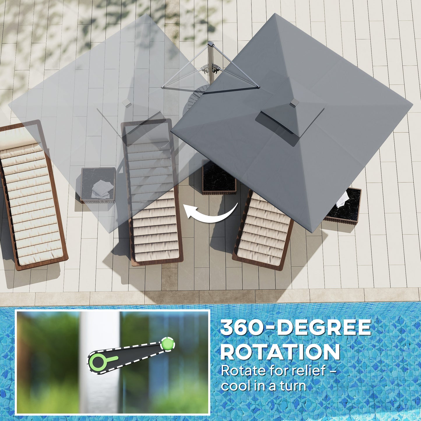 3(m) Garden Cantilever Parasol with Solar LED Lights, Cross Base, 360° Rotation, Crank Handle and Tilt, Grey