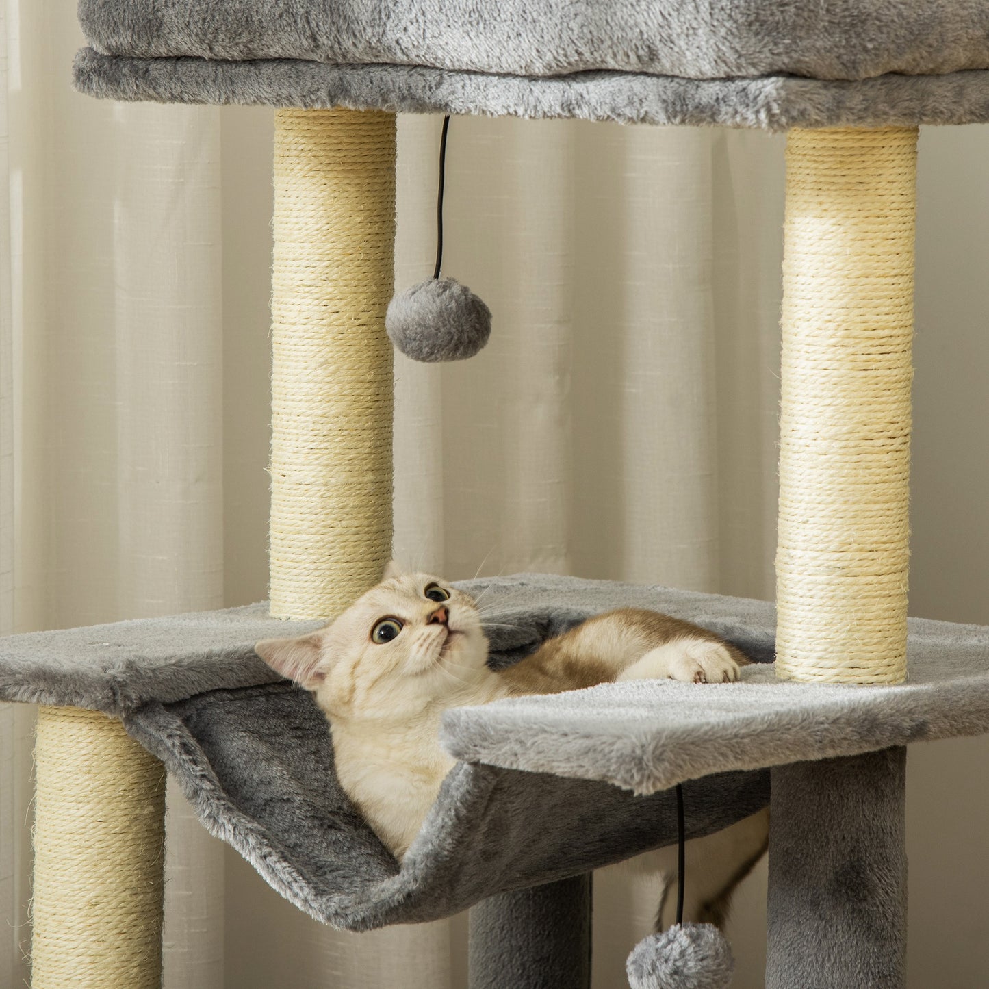 Cat Tree, 90cm Cat Tower with Sisal Scratching Posts, Cat Condo, Hammock, Top Perch and 2 Hanging Toys for Cats, Grey