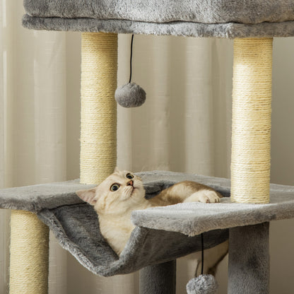 Cat Tree, 90cm Cat Tower with Sisal Scratching Posts, Cat Condo, Hammock, Top Perch and 2 Hanging Toys for Cats, Grey