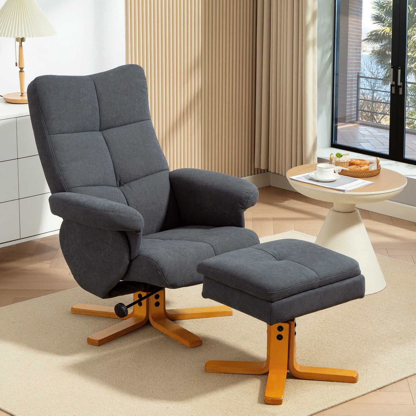 Linen-Look Recliner, with Storage Ottoman - Grey