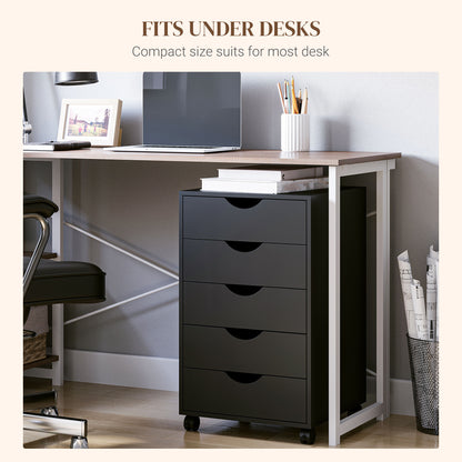 5 Drawer Mobile Filing Cabinet, Vertical File Cabinet, Modern Rolling Office Storage Organizer Cupboard, Black