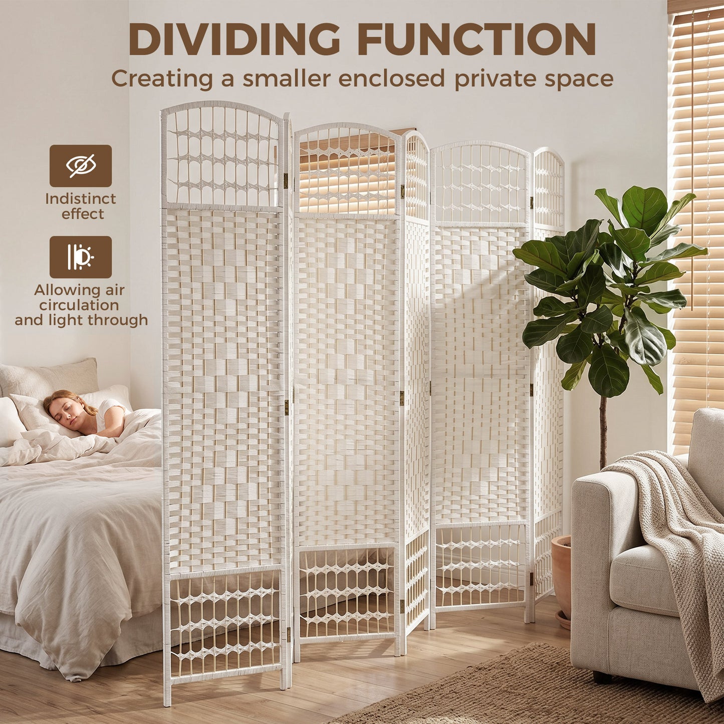 6 Panel Folding Room Divider, Privacy Screen, Paravent Partition Separator for Living Room, Bedroom, White