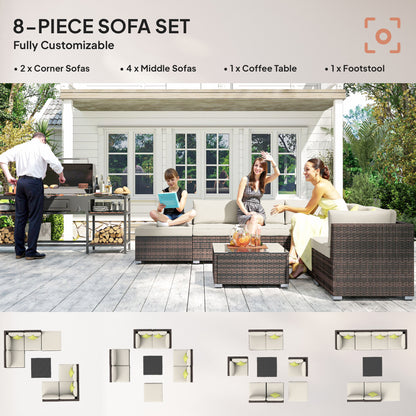 8 Piece Rattan Corner Sofa Set with Wide & Deep Seat, Assembled Aluminium PE Rattan Garden Furniture Set with Thick Cushions