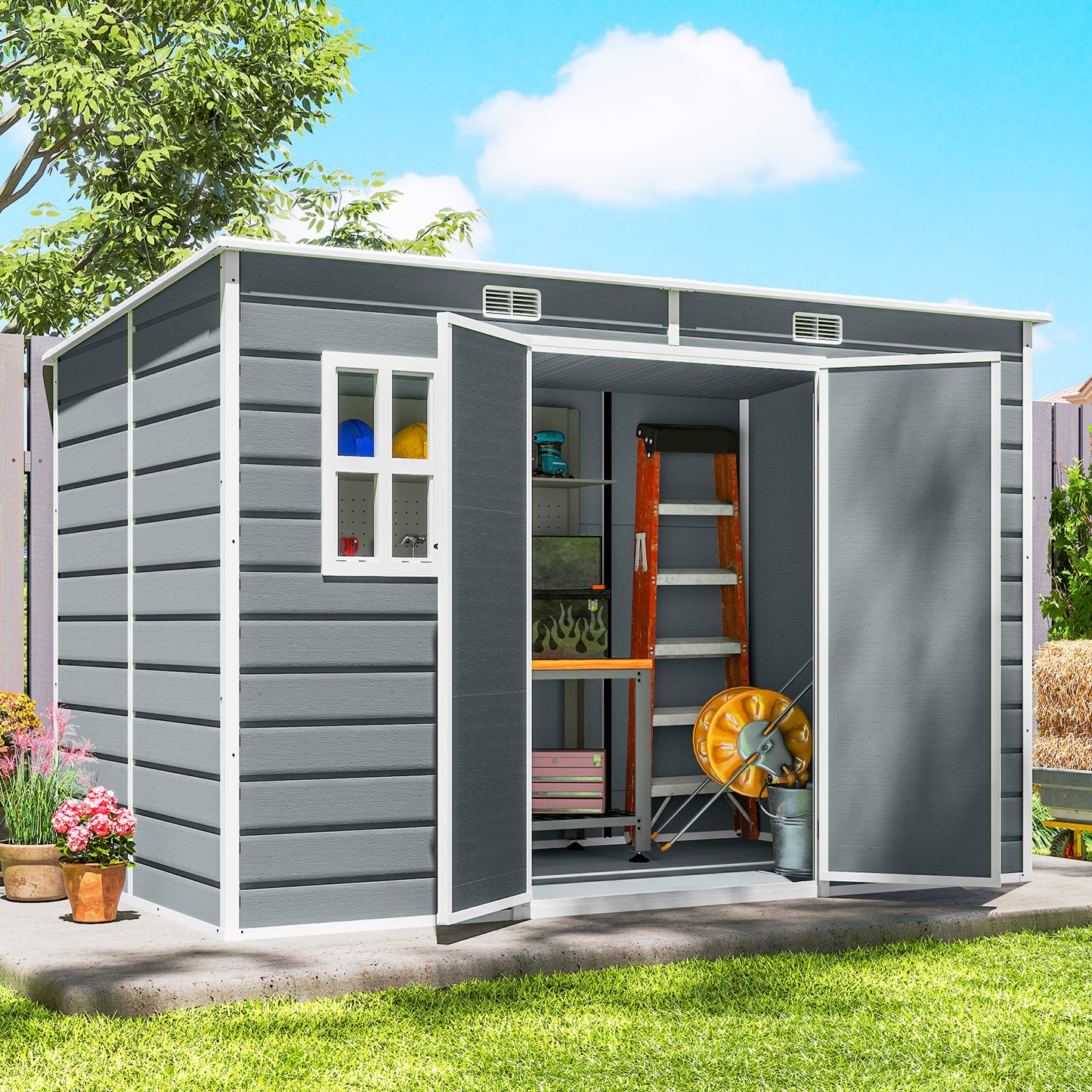 10 x 6 ft Resin Garden Shed, Outdoor Storage Shed with Floor, Windows, Lockable Doors and Vents, Grey