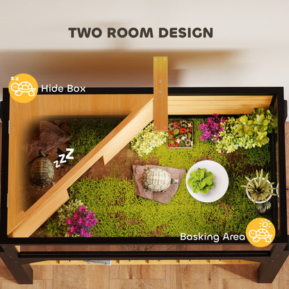 Wooden Tortoise House with Storage Shelf, Clear Observation Windows, Lamp Holder, Openable Top, Built-in Tray, Yellow