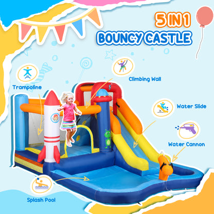5 in 1 Bouncy Castle for Children with 550W Blower, Water Slide, Splash Pool, Jumping Area, Climbing Wall, Cannon