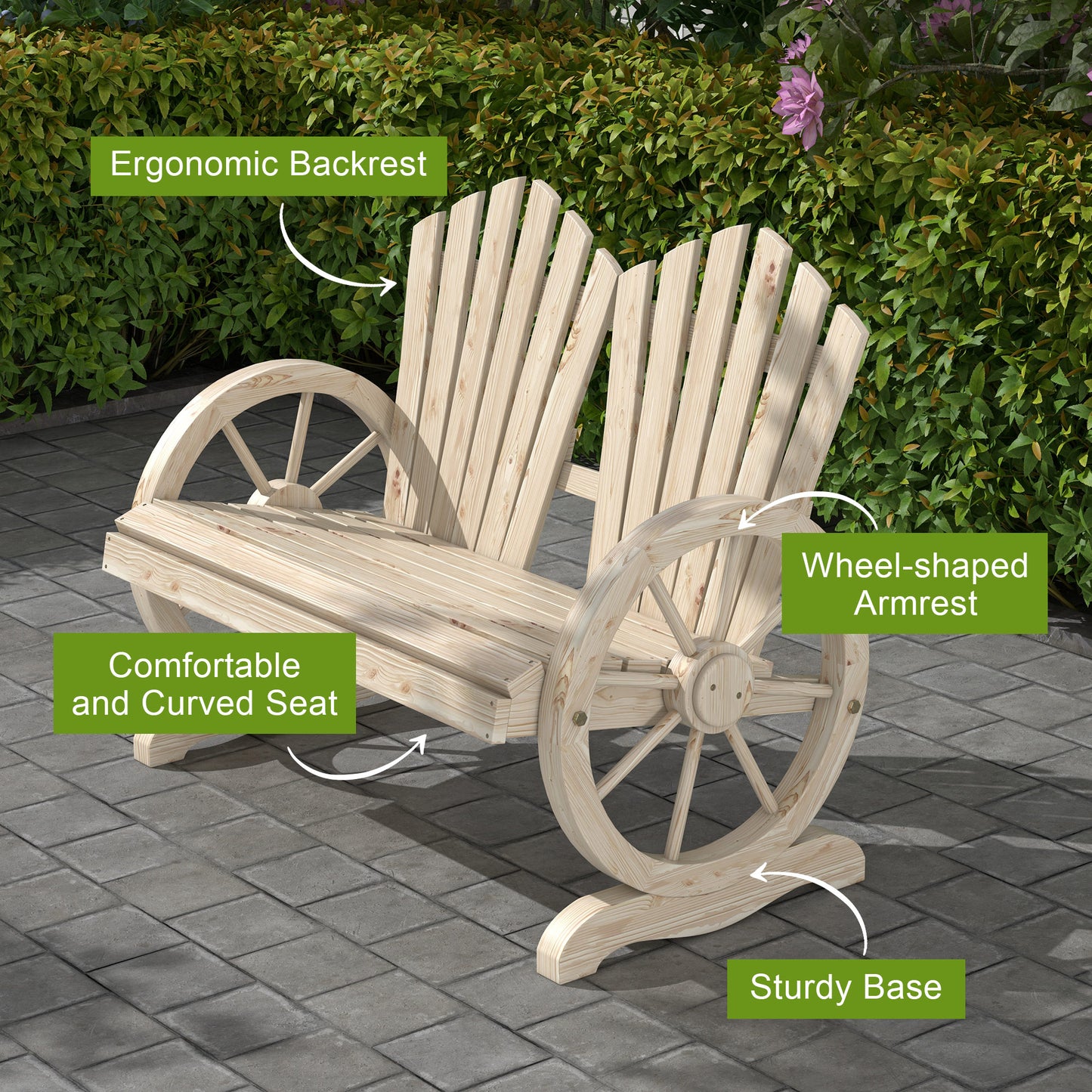 Fir Wood Love Seats with Wheel-Shaped Armrests, Large Load-Bearing Chair, Natural Wood Finish