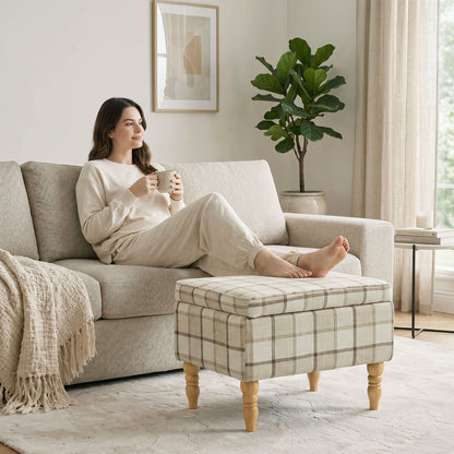 Linen Fabric Upholstered Footstool, Rectangular Storage Stool with Removable Top, Padded Seat and Hidden Space, Brown