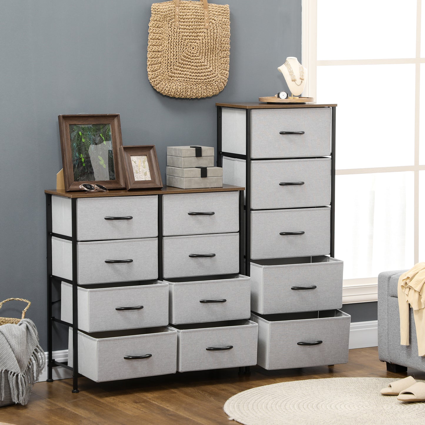 Fabric Chest of Drawers, Industrial Bedroom Dresser with 5 Fabric Drawers, Steel Frame and Wooden Top for Nursery