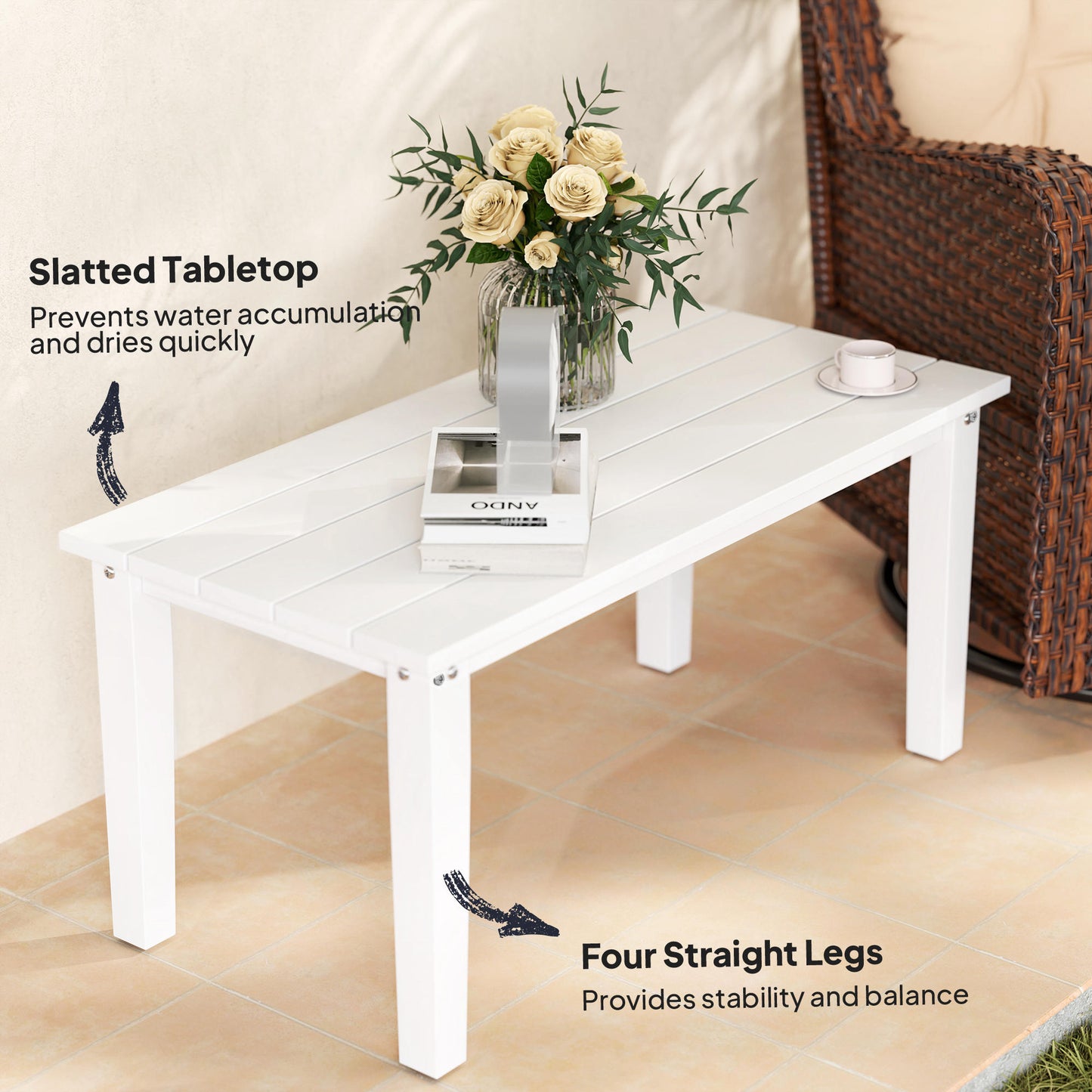Outdoor Garden Coffee Table, HDPE All-Weather Rectangular Outdoor Garden Table with Slatted Tabletop for Patio, Balcony
