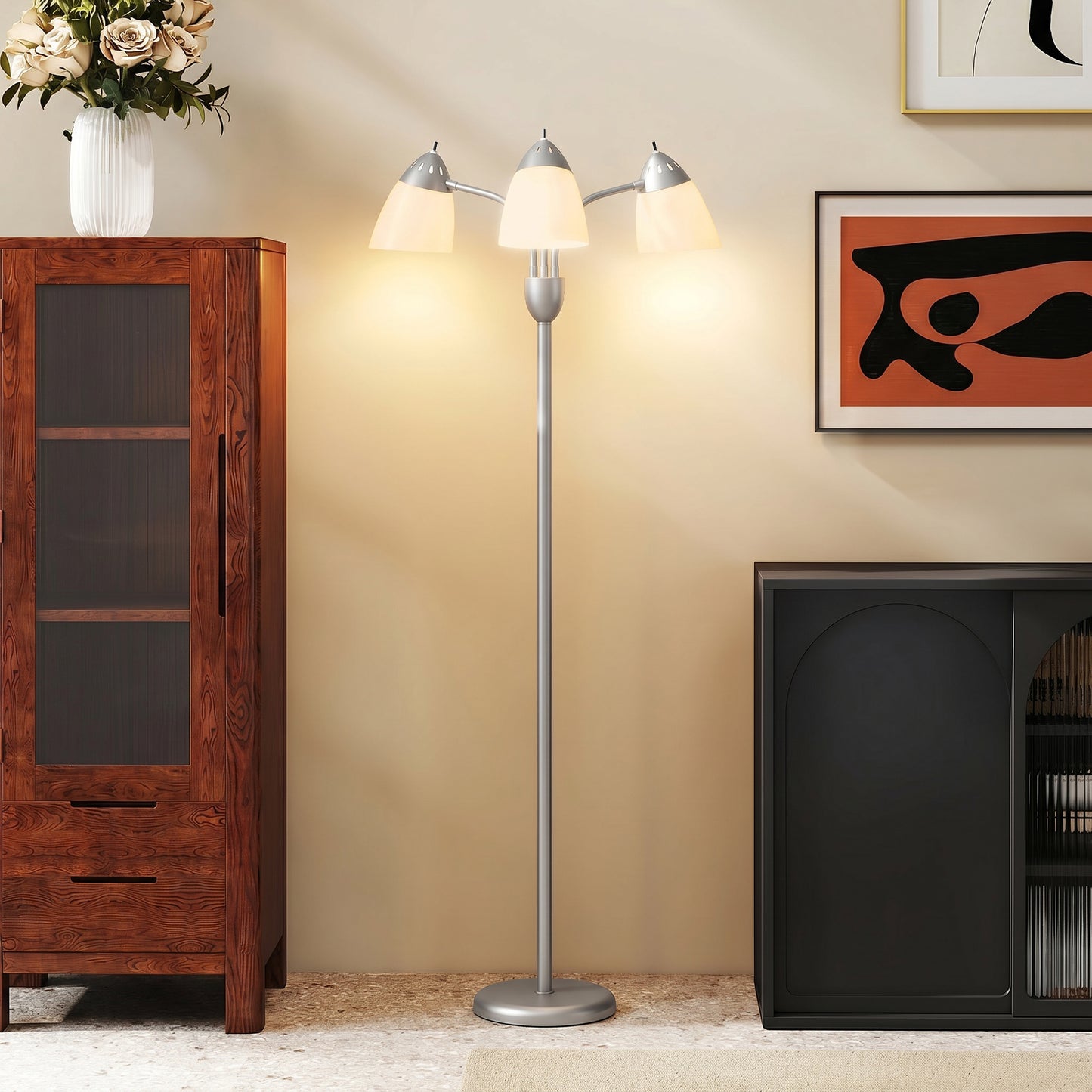 Arc Tree Floor Lamp with 3 Adjustable Rotating Lights and 3000K/4500K/6500K Colour Temperatures, Silver Tone