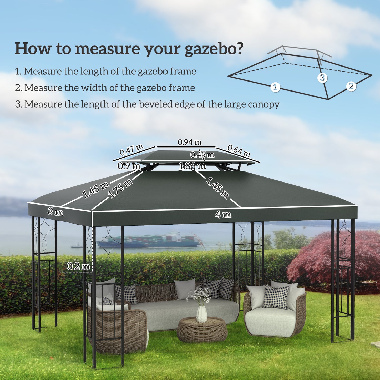 Gazebo Roof Replacement, for 3 x 4m Frames - Grey